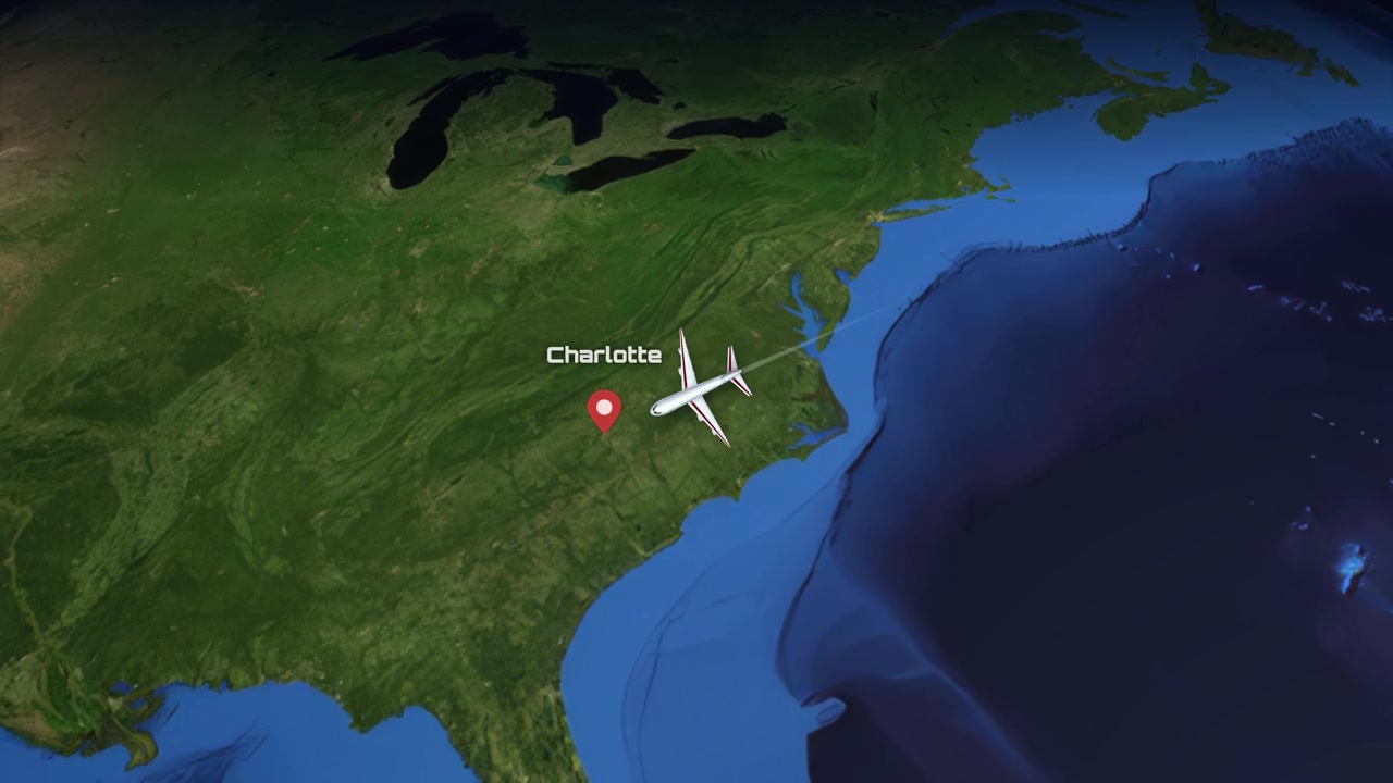 Satellite view animation follows a commercial airplane flying across the Atlantic Ocean between two cities
