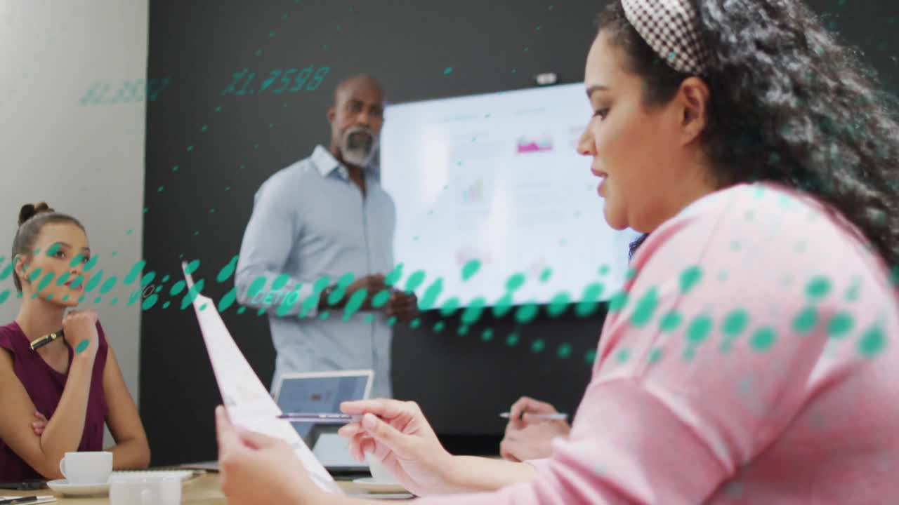Animation of financial data processing over diverse business people in office