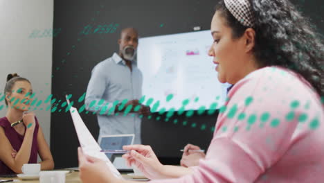 Animation of financial data processing over diverse business people in office