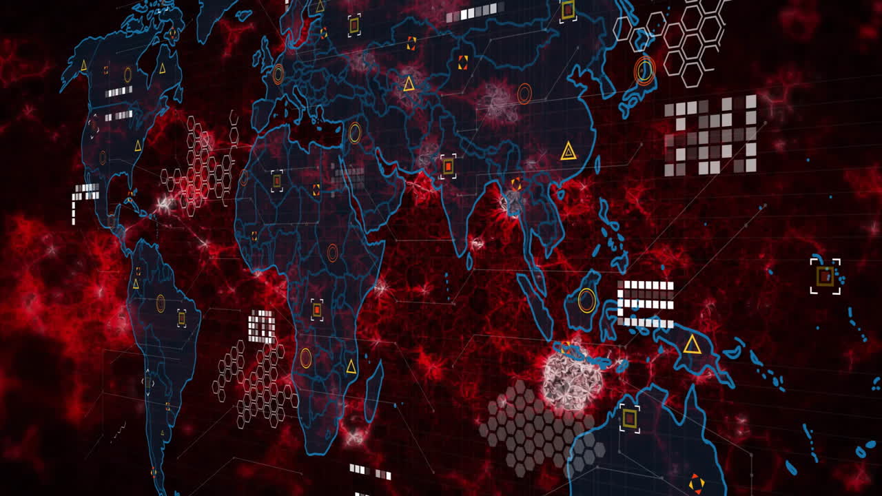 Animation of digital world map with data points on red background with hexagons