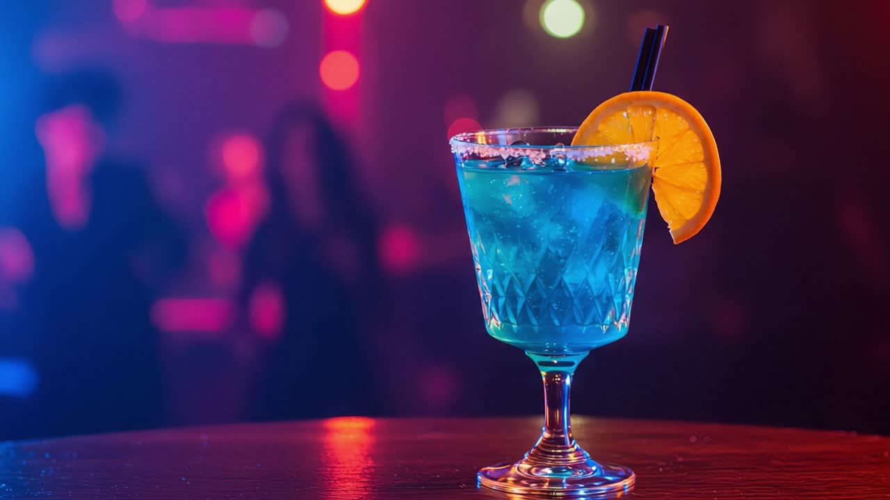 Un cóctel azul vibrante adornado con una rodaja de naranja, borde salado y servido en una copa de cristal en un colorido ambiente nocturno