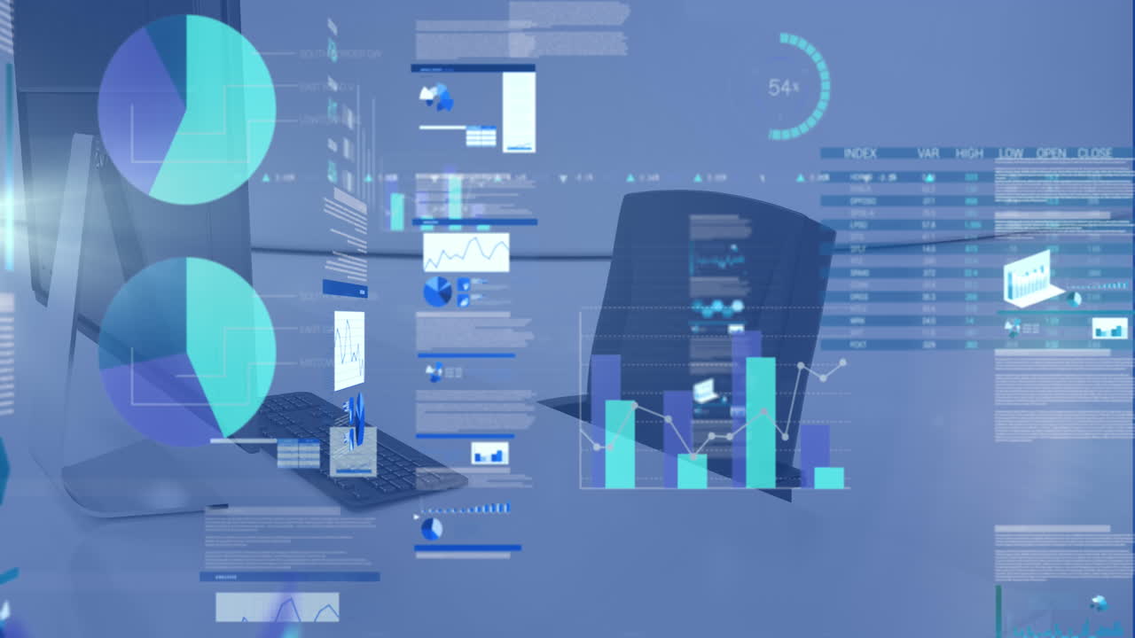 Animation of graphs, loading circles and trading board, unoccupied chair and computer in office
