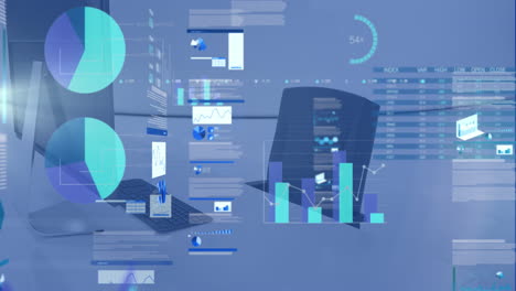 animation of graphs, loading circles and trading board, unoccupied chair and computer in office