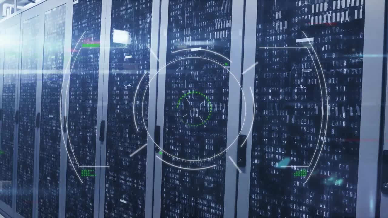 animación del escaneo del alcance y el procesamiento de datos en la sala técnica con servidores informáticos