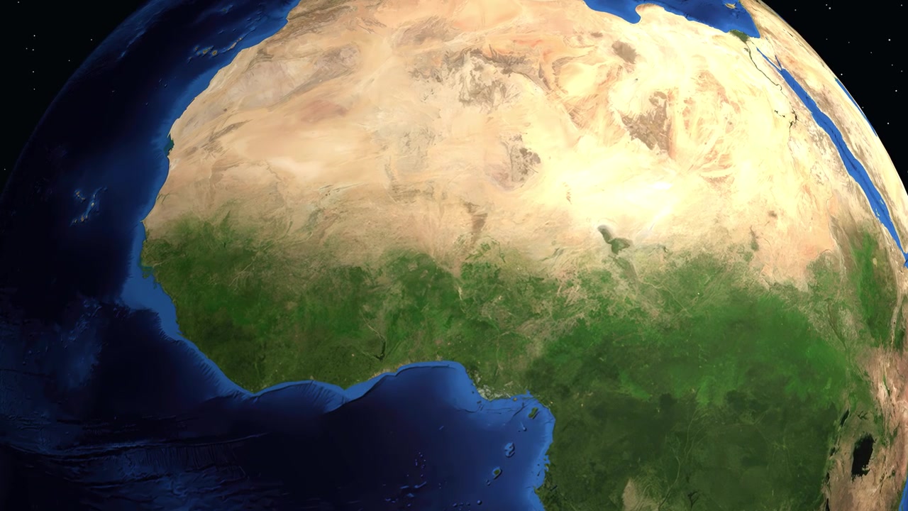 Un'animazione digitale zooma dallo spazio esterno sull'Africa occidentale, evidenziando Birnin Kebbi, Nigeria