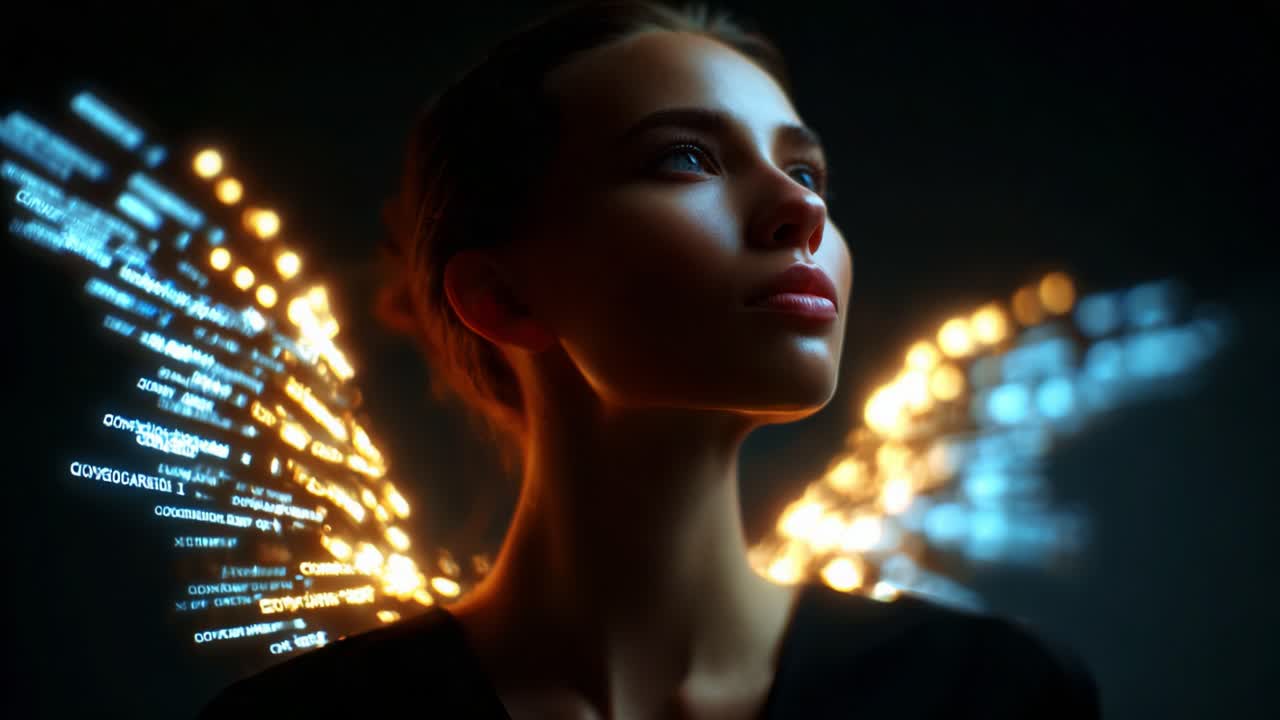 A Captivating Portrait of a Woman with Illuminated Digital Wings, Symbolizing Transformation and Innovation in a Mystical, Dark Environment with Creative LED Light Effects