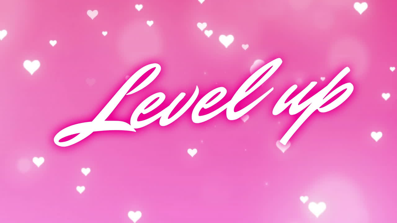 색 심장과 함께 분홍색 배경에 텍스트 애니메이션을 레벨 업