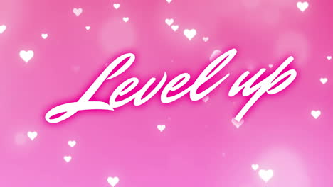 level up text animation over pink background with white hearts