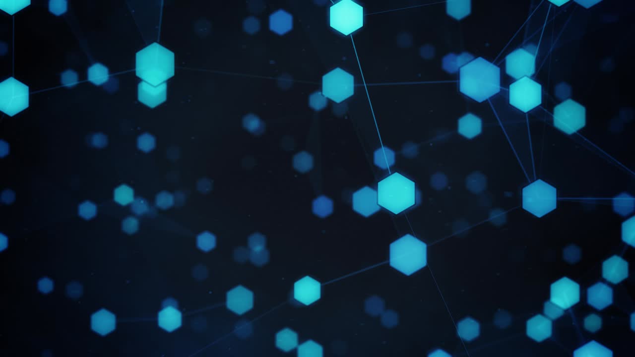 red de plexo hexagonal cyan futurista giratoria sobre un telón de fondo azul oscuro