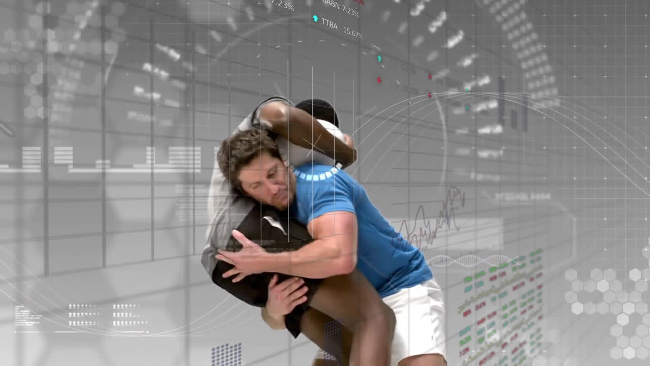 Wrestling athletes with data processing animation overlay in dynamic scene