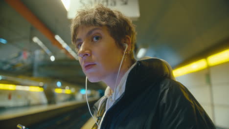 young woman waiting for train in subway and using phone