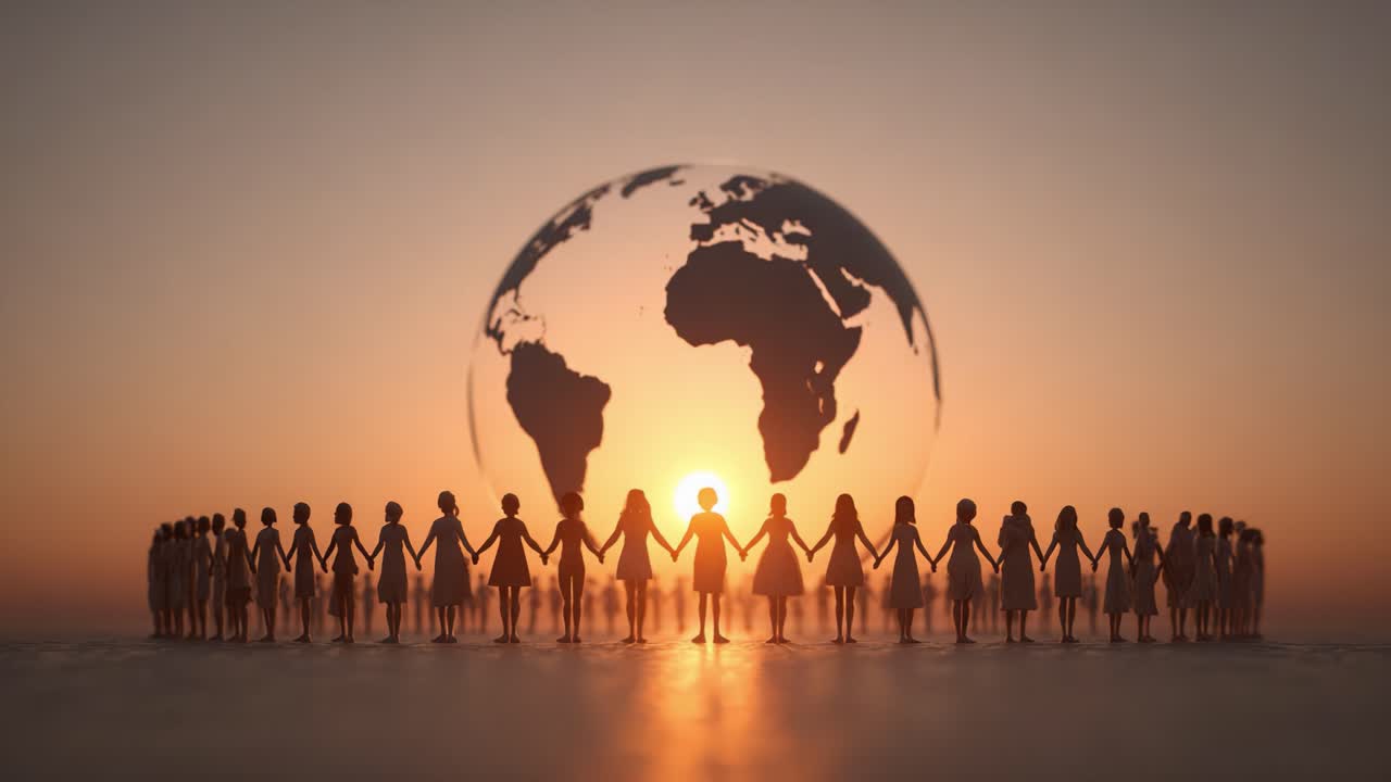 United in Harmony: Silhouetted Figures Holding Hands Against a Glorious Sunset with a Symbolic World in the Background, Emphasizing Global Unity and Connection
