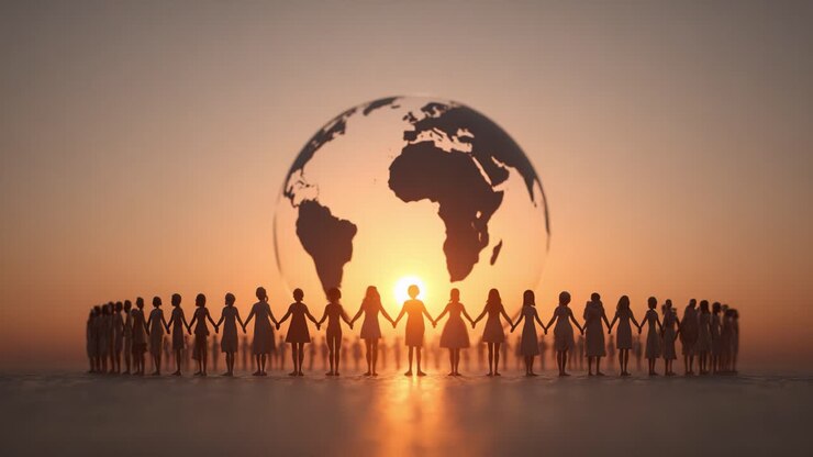 United in Harmony: Silhouetted Figures Holding Hands Against a Glorious Sunset with a Symbolic World in the Background, Emphasizing Global Unity and Connection