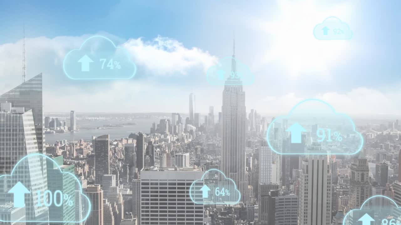 animación de nubes con porcentaje de crecimiento sobre el paisaje urbano