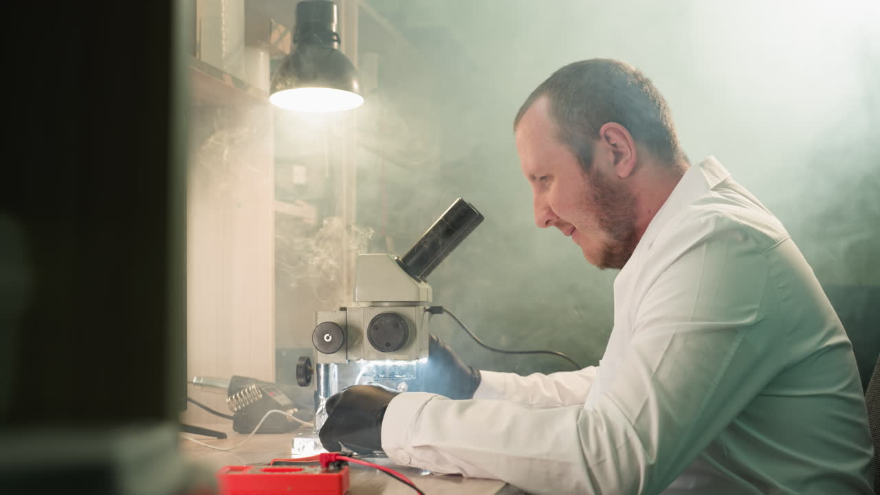 una vista de cerca de un técnico que trabaja en una placa de circuitos electrónicos bajo un microscopio, el espacio de trabajo bien iluminado está lleno de herramientas y equipos, con la lámpara de escritorio encendida