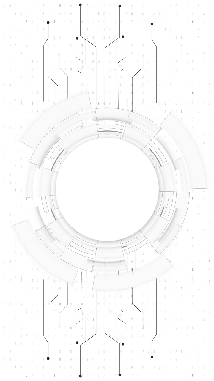 Interfaccia circolare tecnologica pulita con anelli digitali bianchi, linee di circuito nere e texture dati morbida.