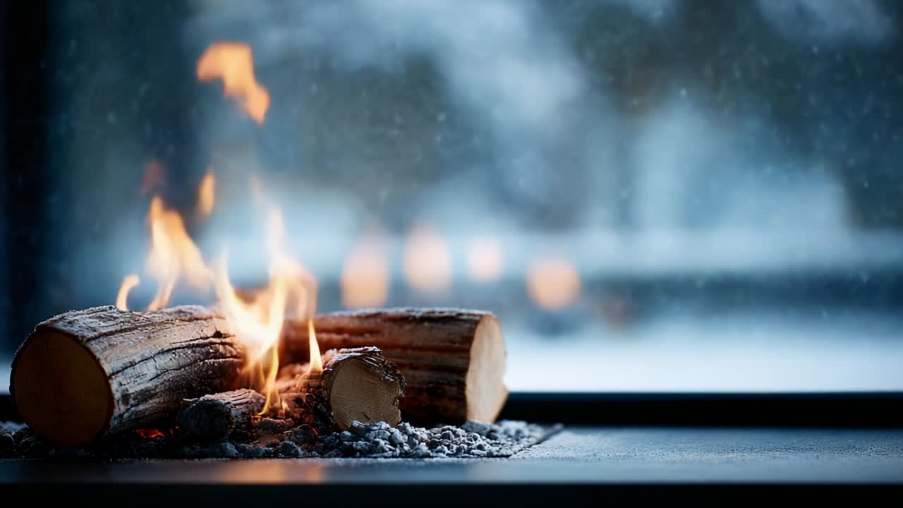 Cozy Winter Scene with Crackling Fire and Logs Burning in a Fireplace, Soft Snowfall Outside Creating a Warm Atmosphere Perfect for Relaxation and Comfort During Cold Winter Days