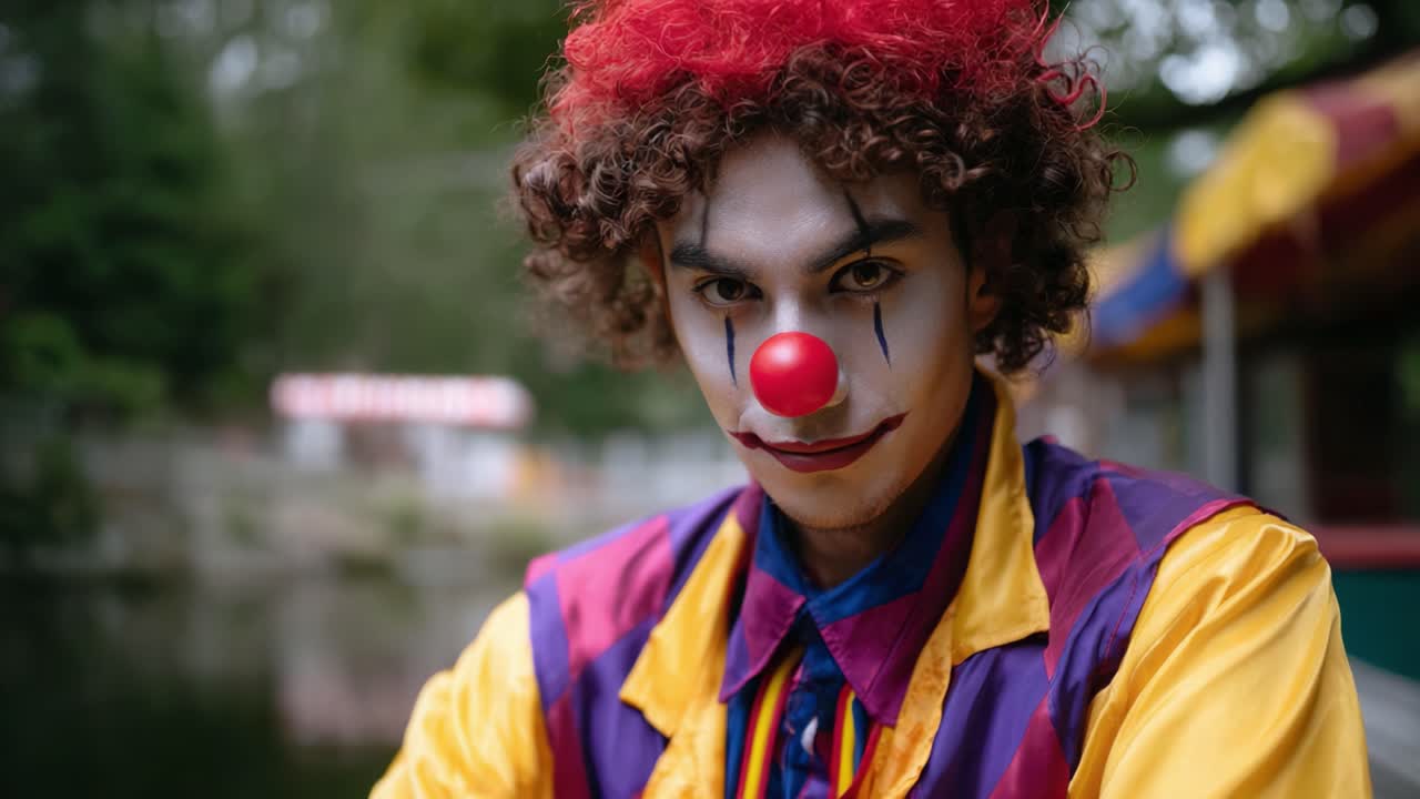 Mysterious Clown at a Funfair: A Colorful Character with a Red Nose and Vibrant Attire Poses for a Captivating Shot by the Water's Edge