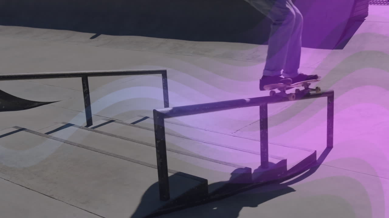 Skateboarder performing air trick in skatepark, showcasing technology with animated chart overlay