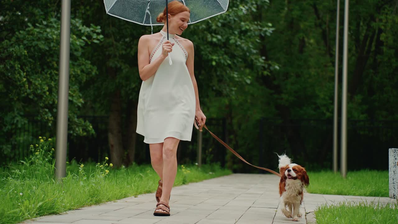 Woman walking her dog in the park on a rainy day