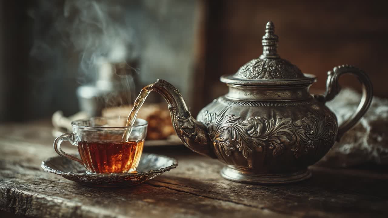 Un'elegante teiera argentata versa il tè in una tazza di vetro vintage, circondata da deliziose prelibatezze, in un ambiente rustico e accogliente che crea un'atmosfera calorosa e invitante