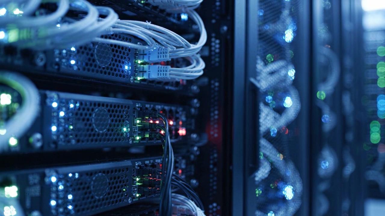A Closer Look at a Modern Data Center Featuring High-Tech Server Racks with Cables and Colorful LED Indicators, Representing the Core of Digital Infrastructure.