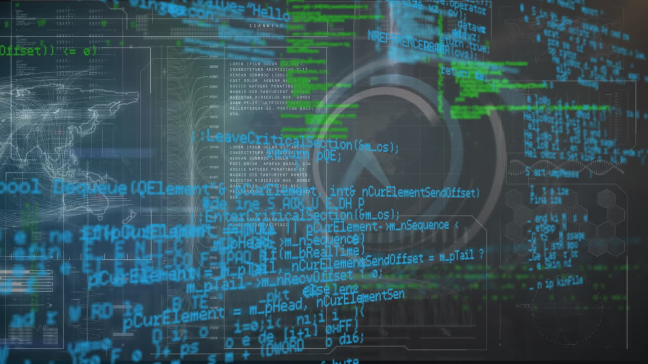 Animation of computer language over digital clock, dna helix and map against abstract background