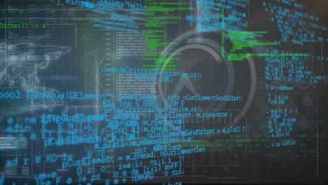animazione del linguaggio informatico su orologio digitale, elica del dna e mappa sullo sfondo astratto.