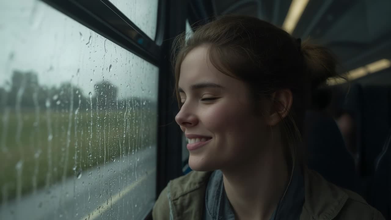 Passeggera che si volta per sorridere vicino al finestrino bagnato, notando una persona vicina, con giacca e sciarpa.