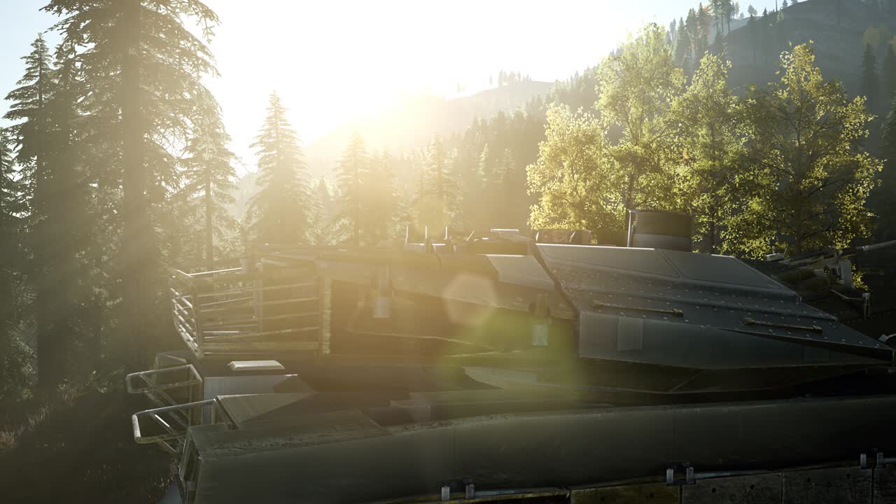 Gammel rusten kampvogn i skoven ved solnedgang