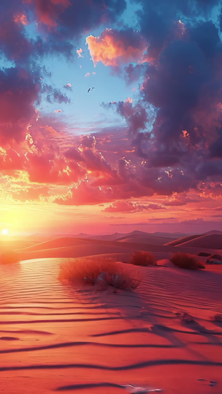A beautiful sunset over a desert landscape with a small body of water in the foreground. The sky is filled with clouds and the sun is setting, creating a warm and peaceful atmosphere
