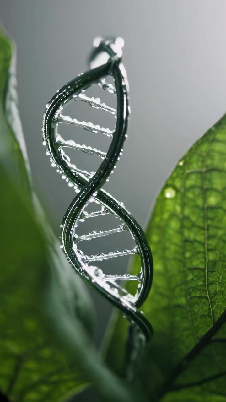 Modello di elica del DNA rotante con goccioline d'acqua e foglie verdi