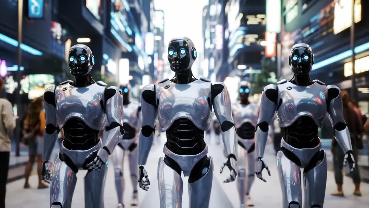 A Futuristic Scene Depicting a Group of Advanced Robots Marching in Harmony Through a Neon-Lit Urban Environment, Reflecting the Intersection of Technology and Urban Life