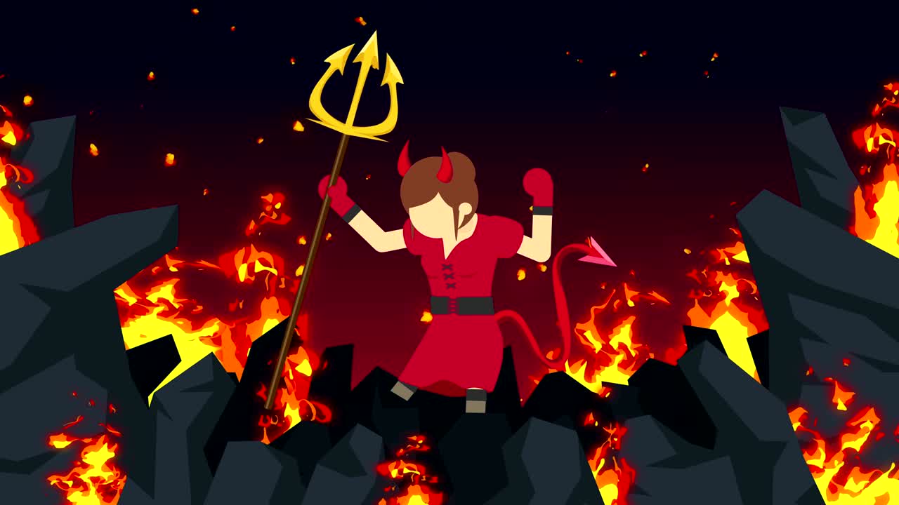 지옥에서 날아다니는 만화 악마, 불타는 야생에서 비즈니스 캐릭터, 할로윈, 코스플레이, 루프 무서운 애니메이션