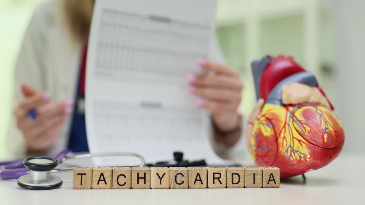 Blocchi con la parola 'Tachicardia' con un medico che esamina cartelle cliniche