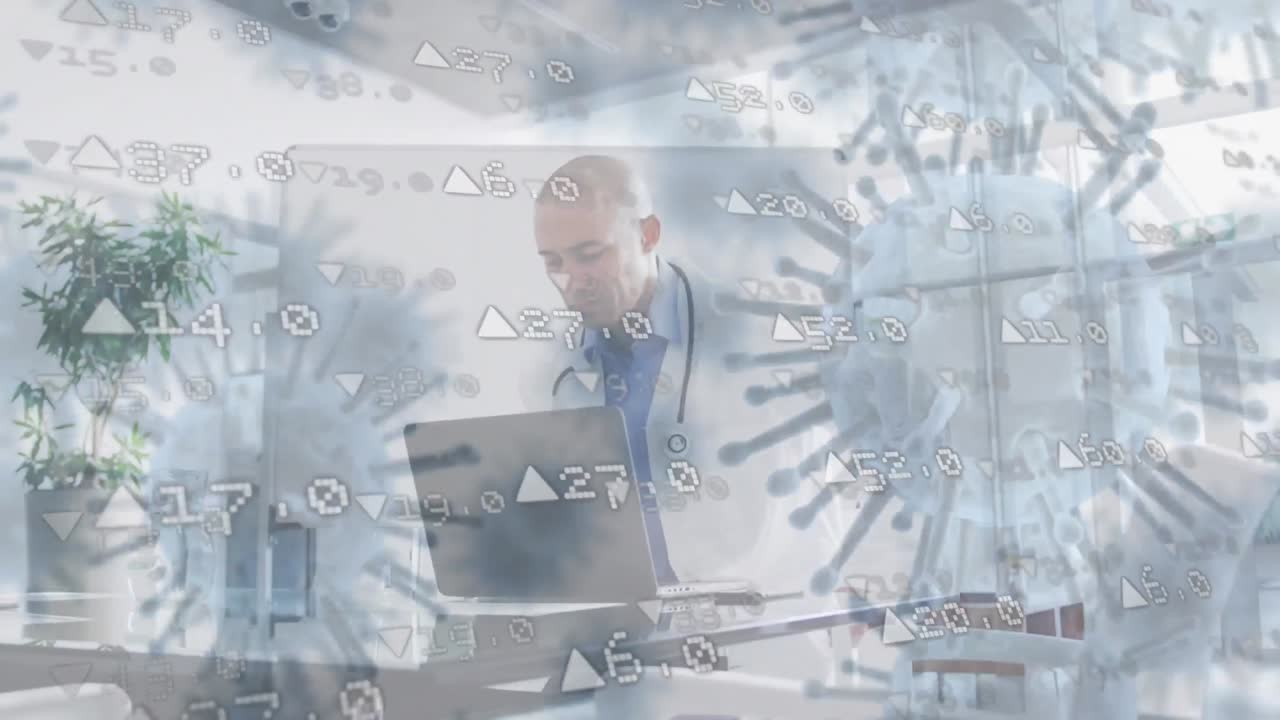 코로나19 세포의 이동과 주식 시장 데이터 처리와 노트북을 사용하는 의사와의 대결