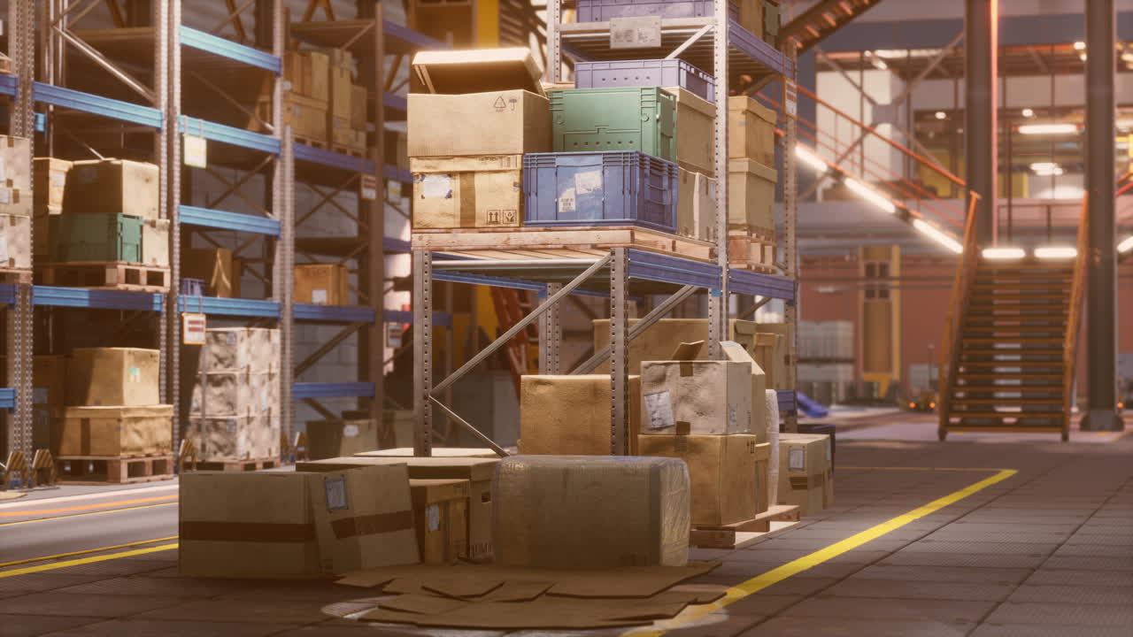 filas de estantes con cajas en el almacén