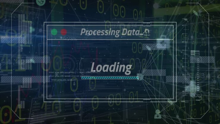 Animation of processing data, loading text with bar over binary codes and connected icons