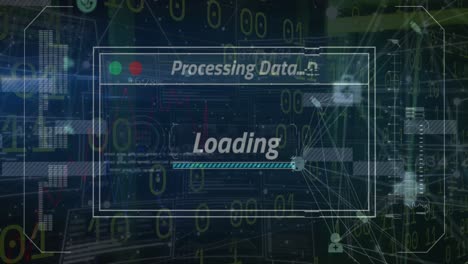 Animation-of-processing-data,-loading-text-with-bar-over-binary-codes-and-connected-icons