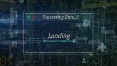 Animation of processing data, loading text with bar over binary codes and connected icons