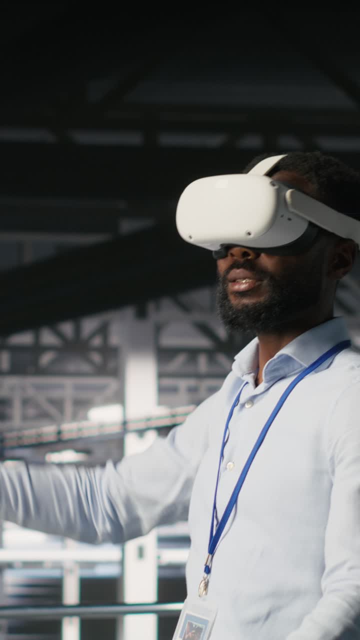 Vertical video Engineer using VR headset in data center to update server tech