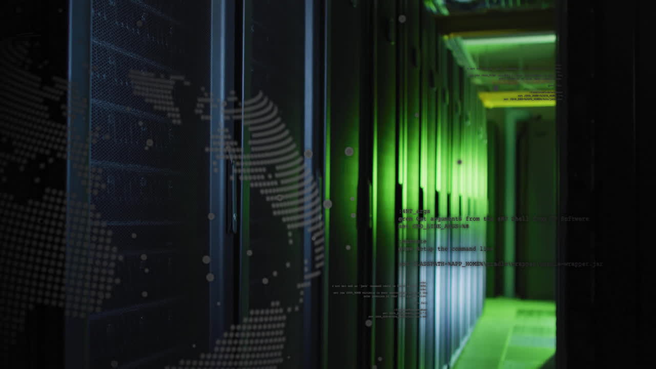 Data processing animation over servers in green-lit data center