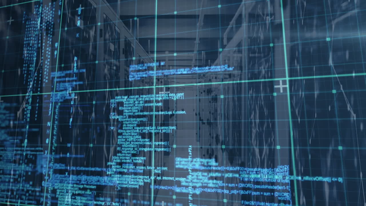 Animation of data processing in blue over servers