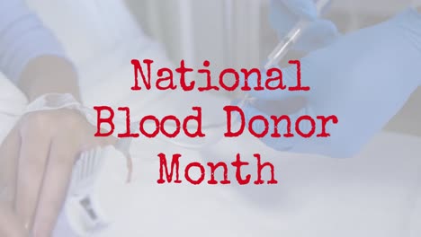 Animation-of-national-blood-donor-month-over-hands-of-doctor