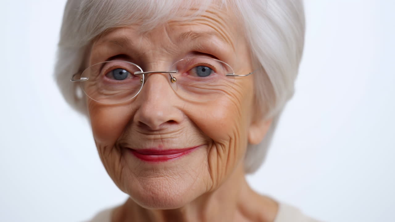 Close Up Portrait of a Happy Elderly Woman with Glasses Smiling