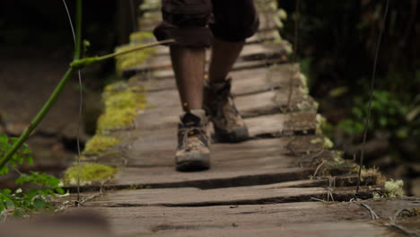 puente colgante con musgo con turista caminando hacia la cámara cerca de cámara lenta
