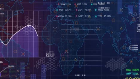 animation of statistical and stock market data processing over world map against blue background