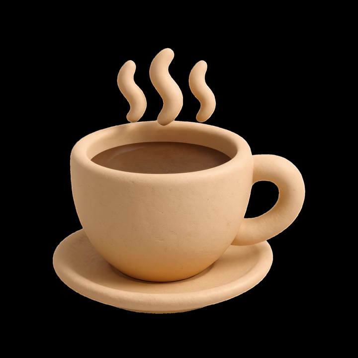 Tazza da caffè 3D in stile argilla con vapore che sale.