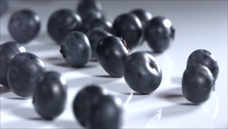 blueberries rolling down on white background. slow motion