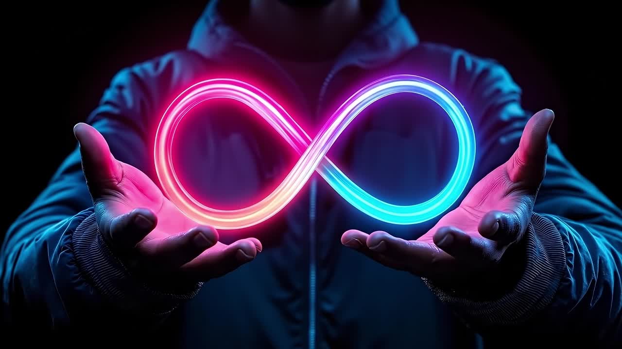 A person holding a glowing infinity symbol in their hands